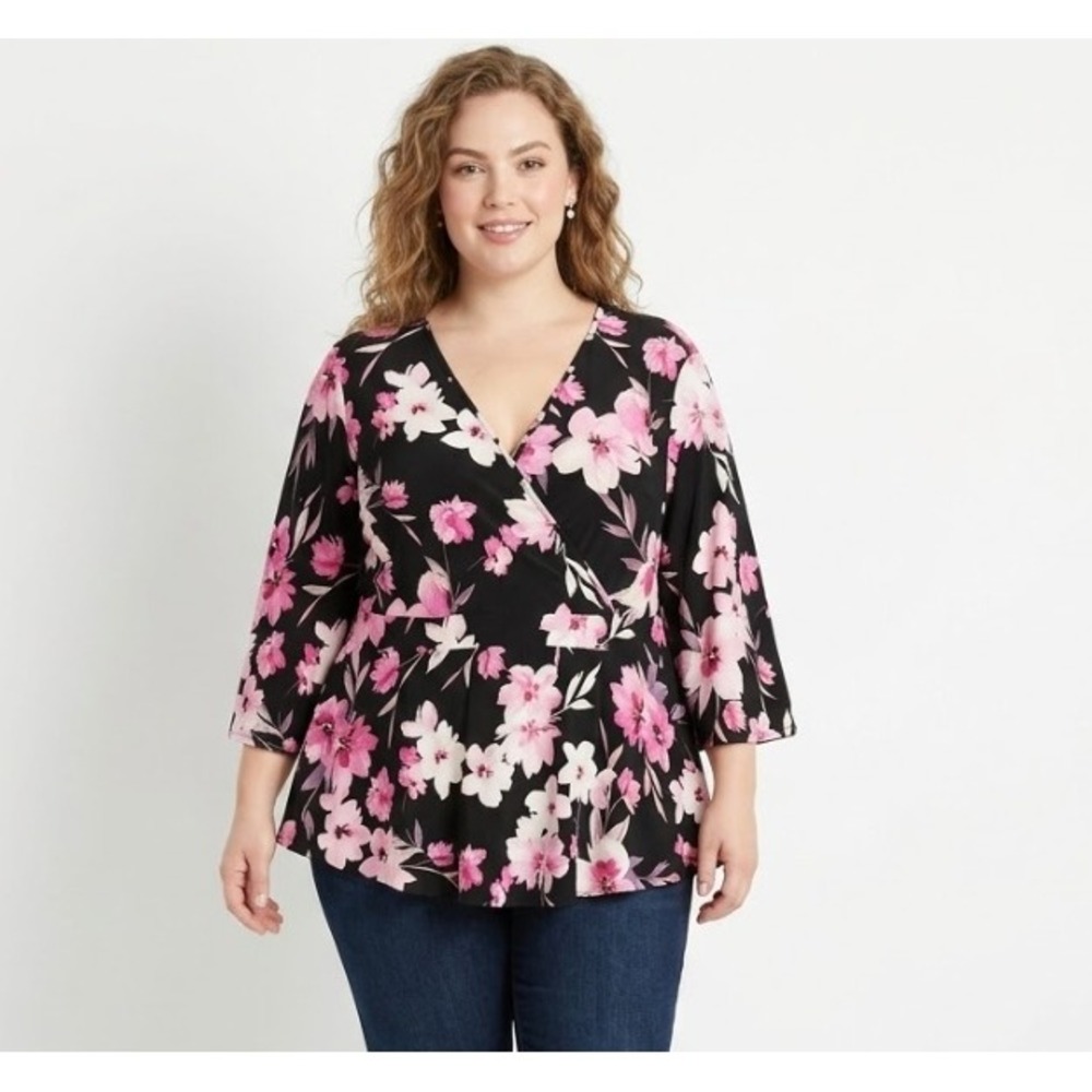 Cocomo size 2X Black Pink Floral Stretch Knit Wrap Feminine Blouse Office Career